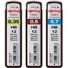 rOtring Set di 3 mine ad alto polimero, 12 pezzi, 0,35 mm, 0,50 mm, 0,70 mm, durezza: HB