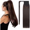 S-noilite Coda di Capelli Veri Clip Extension in Capelli Naturali Lisci e Lunghi - Coda di Cavallo Ponytail con Fascia Unica Allacciare - Remy Human Hair Ponytail Extension - #2 Marrone Scuro,50cm-95g