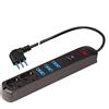 POLYPOOL Presa multipla 250V con 3 prese "grandi" 10/16A 2P+T, 2 pluristandard 1,5 m cavo spina "piccola" salvaspazio 10A interruttore di sicurezza, USB (A+C) 3.4A 5V, nero