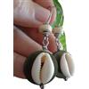 Generic ◦-→◉✿ DISCO DI LEGNO VERDE, CONCHIGLIA DI CAURY E RONDELLA DI COCCO SU GANCI LUNGHI ✿◉→-◦ orecchini unici su ganci per l'orecchio auto-piegati in argento