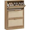 HOMCOM Mobile Scarpiera per 18 Paia di Scarpe con 3 Cassetti Ribaltabili in Legno e Rattan, 80x25x120 cm, Marrone