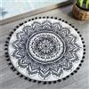 Uphome Piccolo tappeto rotondo da 5 cm, stile bohémien, beige e nero, con pompon, frange, lavabile, motivo mandala, tappetino da doccia, morbido, antiscivolo, carino, rotondo, per lavandino, polvere,