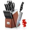 FOHERE Set Coltelli da Cucina, FOHERE Set di Coltelli con Ceppo Affilacoltelli Integrato, 14 Pezzi, Coltelli da Cucina Professionale, Acciaio Inossidabile, Marrone Rossastro