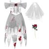 ReliBeauty Sposa Cadavere Costume Bambina Da 3 a 12 anni con Velo e Rose Fiori