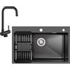 CECIPA 70 x 45 CM Lavello Cucina Nero Grigio Acciaio Inox con Miscelatore Pieghevole Nero, Grande Lavandino Nero multifunzione con Gocciolatoio