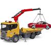 Bruder Scania Super 560R Camion Carro Attrezzi Con Gru con Auto Roadster Inclusa Luci e Suoni