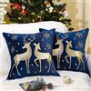 Lewondr Set di 2 Federe Cuscini di Natale 45x45 cm, Federe di Ricamo in Poliestere Copricuscini con Motivo di Ricamo dell'Alce d'oro Divano Auto Casa Decorazione Natalizia, Blu Marino