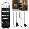 HENGMEI Set di 5 accessori per camino in acciaio inox, set di posate per camino, con supporto, scopa, pinza, gancio, pala per stufa a legna, nero
