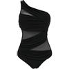 Ocean Plus Donna Maglia Asimmetria Figura Shaping Costume da Bagno Tinta Unita Mesh Collo Alto Costume Intero Taglia Grossa (L (EU 38-40), Asimmetria Nera)