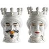 BEVILACQUA SET DI 2 TESTE DI MORO, CERAMICA ARTIGIANALE SICILIANA BIANCO, 15 cm - h 15 x 9 x 9 cm