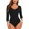WOWENY Body da donna con maniche a 3/4, in pizzo, elegante, scollo a V, casual, top leopardato, Nero , S