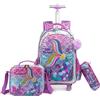 HTgroce Trolley Zaino con ruote, astuccio, borsa per il pranzo, 3 in 1, facile da arrotolare, per ragazze, borse per la scuola