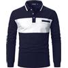 LUVCES Polo Uomo Manica Lunga Casual Cotone Blocchi di Colore Golf Polo Elegante T-Shirt Tops con Coste Colletto a Contrasto per Uomo Manica Lunga Blu Navy + Bianco L