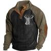 famesale Uomo Vintage Caccia Cervo Stampato Henley Camicie Western Aztec Felpe Casual Manica Lunga Fleece Stand Collare Button Down Pullover Giacca