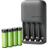 Amazon Basics Batterie ricaricabili NiMH con caricabatterie a 4 alloggiamenti, spina UE, Confezione da 4 AA 2000mAh, Nero