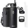 Coolflask Borraccia termica 1.2l, con cannuccia e 3 coperchi, in metallo, per sport o ufficio, a prova di perdite, facile da pulire, colore nero