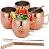 OS Oak & Steel ENGLAND Oak & Steel - Confezione da 4 Esclusivi Bicchieri Moscow Mule in Rame con Spazzola in Acciaio Inossidabile e Cannuccia per Bevande Fredde