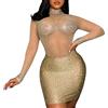 BOTCAM Abito da donna con paillettes, elegante vestito avvolgente da donna, a maniche lunghe, trasparente, nero, con brillantini, da cocktail, da donna, leggero, lunghezza al ginocchio, Beige59, M