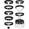 JeweBella 9PCS Collana Donna Borchie Girocollo Gotica Pelle Set Catena Clavicola Punk PU Pelle Nera Choker Sexy Rock Cerchio Cuore Regolabile Cosplayer