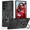 Jeelar NEINEI Cover per Samsung Galaxy S22 Ultra 5G,All'aperto Custodia con Scorrevole Protezione Fotocamera,Militare Antiurto Cover Case con Magnetico Supporto e TPU Silicone Bumper,Nero