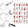 AEYAKA Fascia Spaventosa Halloween Cerchietto con Forbici, Siringa, Coltello nella Testa Insanguinata & 30 Tatuaggi Zombie Accessorio Orrore per Costumi da Donna e Uomo, Carnevale, Cosplay, Masquerade