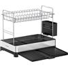 SONGMICS Scolapiatti Espandibile a 2 Livelli, Portapiatti da Cucina in Acciaio Inox con Porta Utensili, Antiruggine, Supporto per Piatti, Coltelli, Cucchiai, Forchette, Argento e Nero KCS036B01