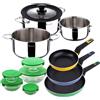 San Ignacio Set batteria da cucina in acciaio inox + 3 padelle Ø18Ø22Ø26cm in alluminio pressato + 5 ciotole in vetro con coperchi San Ignacio