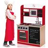 BAKAJI Cucina in Legno Giocattolo per Bambini con Anta e Cassetti Lavagna Lavello in Plastica 4 Fornelli Forno Apribile e Microonde Chiusure Magnetiche 60 x 30 x 90 cm (Rosso)