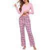 Irdcomps Pigiama Donna Invernale Cotone Pigiami da Donna Invernali Leggero Lungo Set Due Pezzi Maniche Lunghe Scollo Tondo Scozzesi con Tasche Rosa M