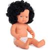 Miniland Bambola bambino caucasico ricci capelli neri ragazza 38cm in polisacco senza biancheria intima