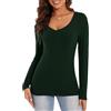 WOWENY Maglietta a maniche lunghe da donna, con scollo a V, a coste, elasticizzata, elegante, a maniche lunghe, slim fit, basic top, verde, S