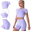 Odizli Set da allenamento da donna, reggiseno sportivo + top a maniche corte + pantaloncini a vita alta per palestra, yoga, viola., M