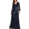Ever-Pretty Abiti da Sera Donna Elegante Manica Lunga Slim Vita Alta Brillantini Tulle Vestito da Cerimonia Maxi Lungo Abita da Cocktail Blu Navy 42