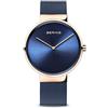 BERING 14539-367 Orologio da donna al quarzo, orologio da polso con cassa in acciaio inossidabile color oro rosa da 39 mm e quadrante blu, cinturino in maglia milanese, vetro zaffiro, 5 ATM