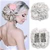 SEGO Chignon Capelli Finti Ricci Toupet Coda Finta Crocchia Clip Elastico Extension Posticci Donna 90g - Grigio Argentato