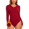 WOWENY Body da donna a maniche lunghe con micro pile termico, 3/4 maniche, elegante, caldo, con scollo rotondo, body da donna a maniche lunghe, body tradizionale, bianco, S