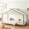 [en.casa] Letto per Cameretta a Forma di Casetta con Tettuccio in Tessuto Zona di Riposo 90x200 cm Letto Singolo per Bambini Struttura in Legno di Pino - Grigio