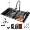 Fulgutonit Lavandino Cucina Multifunzione, Lavandino Cucina a Cascata Multifunzione, Grigio Nero lavello da Cucina con Rubinetti Retrattili Sciacquatrice a Tazza e 4 Modalità di Spruzzo, 75x46