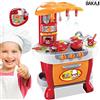 BAKAJI Cucina per Bambine Giocattolo 31 Accessori con Stoviglie Luci e Suoni Altezza 70 cm, Pentole e Padelle, Posate, Fornellino, Barattoli (Arancione)