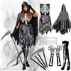 LXWINNER Vestito Morte Bambina, Costume di Triste Mietitore con Vestito, Mantello con Cappuccio, Guanti e Collant Stampati, Catena in Vita e Falce, Costumi Halloween Bambine Paurosi Per Festa In Maschera (L)
