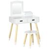 ZONEKIZ Set Toeletta per Bambini con Tavolo Trucco e Sgabello, Specchio e 2 Cassetti, Bianco e Colore Legno