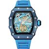 TIME100 Orologio Meccanico Automatico Uomo Scheletrato Quadrante Rettangolare Scheletro Grande Cinturino in Silicone（Blu）