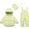 BRONG 3 Pezzi Impermeabile Bambinotuta da Neve, Inverno Bambini Giù Giacca + Nevicare Piumino Bavaglino Pantaloni + Guanti, Cappotto con Cappuccio Salopette Pantaloni Verde 12-18 Mesi