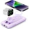 VRURC Power Bank Magnetico, Caricabatterie Portatile da 10000 mAh, Caricabatterie Wireless 3 in 1, Ricarica Rapida da 22,5 W Compatibile con iPhone, Apple Watch Ecc - Viola