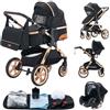 GLOKID Passeggino 3 in 1, Passeggino Canne, Trio,adattatori universali, carrozzina per bambini fino a 25 kg, 4 ruote con ammortizzatori, navicella, grandi ruote, pieghevole con（XX1 Nero）
