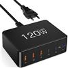RFNAYK Caricatore GaN 120W, 6 Porte USB C e USB-A, Stazione di Ricarica Multipla PD QC 3.0 per MacBook Pro, Laptop, iPhone, iPad, Samsung