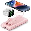 VRURC Power bank Magnetico, PowerBank 10000mAh, Caricabatterie Wireless 3 in 1, Ricarica Rapida da 22,5 W Compatibile con iPhone Serie, Apple Watch Ecc - Rosa