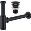 Ulytid Sifone Lavabo Bagno Nero Opaco, Completo di Piletta Click Clack, Universale Sifone Antiodore Regolabile in Altezza con Apertura di Pulizia, Piletta Lavabo Bagno per Lavabo senza Troppopieno
