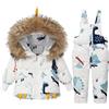 BRONG Bambino Tuta da Neve Inverno 2 Pezzi Vestito Impostato, Bambini Giù Giacca con Cappuccio e Nevicare Bavaglino Pantaloni Dinosauro Cartone Animato Tuta da Sci Impostato Bianco 4-5 Anni