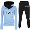 Generic Felpa da donna in pile con cappuccio, set sportivo con stampa battito cardiaco, felpa a maniche lunghe e pantaloni ensemble retrò tuta da jogging da donna, Celeste., M